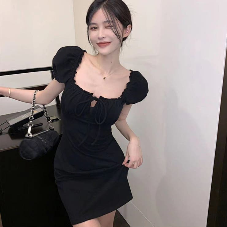 スクエアネックリボンミニワンピース[品番：MJNW0002734]｜me