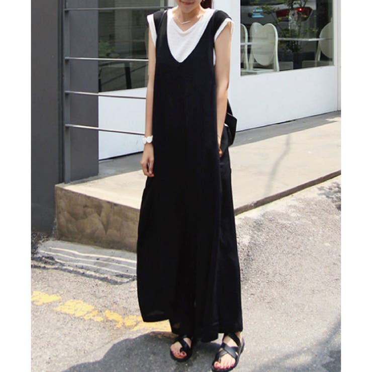 VネックオールインワンTシャツセット[品番：MJNW0000875]｜me Jane