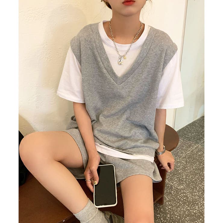 ドッキングTシャツベスト+ショートパンツセットアップ[品番