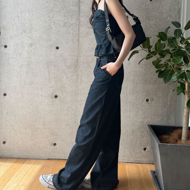デニムホルターネックベアトップ×ワイドパンツセット[品番