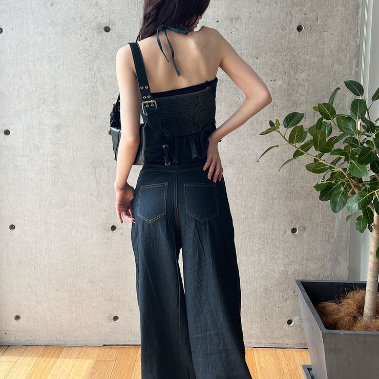 ミージェーン me Jane デニムホルターネックベアトップ×ワイドパンツセットアップ （インディゴ） ミージェーン me Jane デニムホルターネックベアトップ×ワイド
