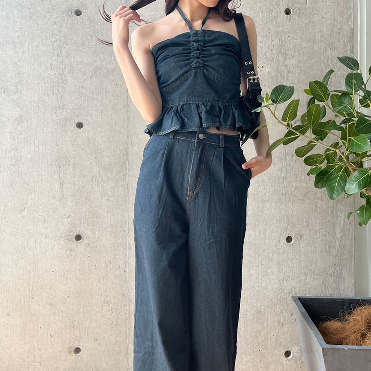 デニムホルターネックベアトップ×ワイドパンツセット[品番