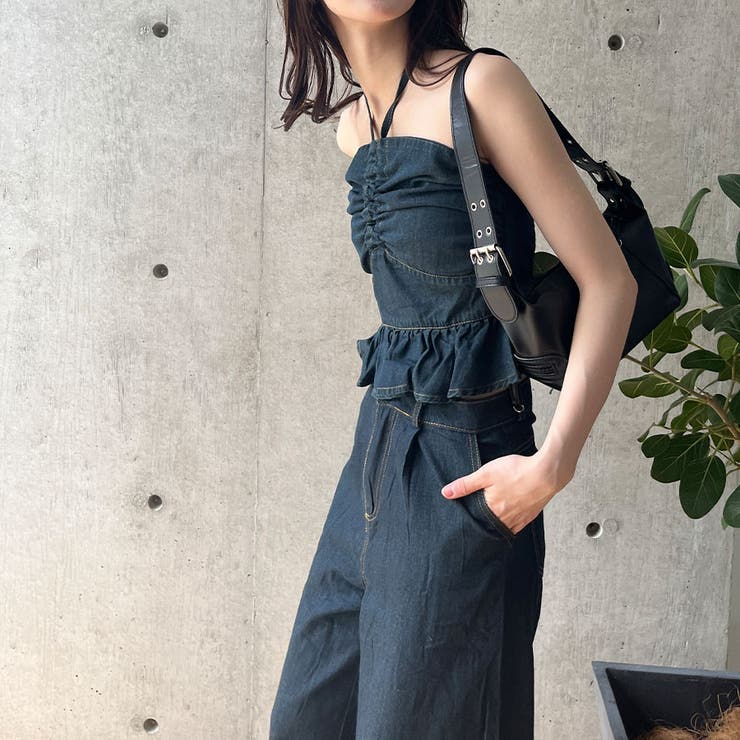デニムホルターネックベアトップ×ワイドパンツセット[品番