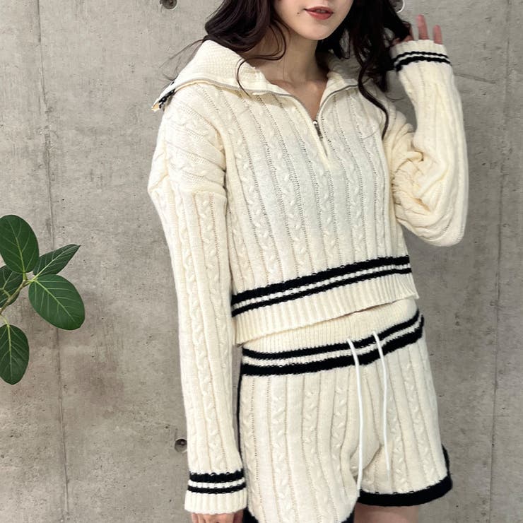 ホワイトニットショートパンツセット おうち時間も最適に!無地ニットショートパンツ＋トップス 2点