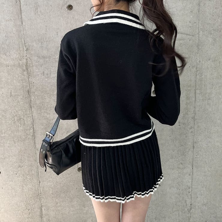 配色ポロ襟ニットトップス×プリーツミニスカートセットアップ