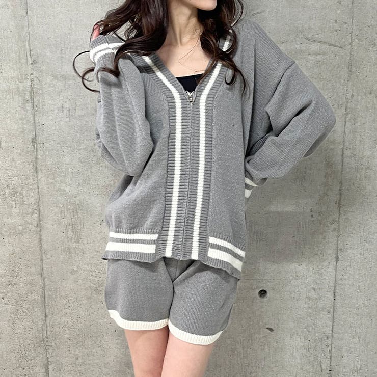 配色ライン入りニットカーディガン×ニットショートパンツ2点セット