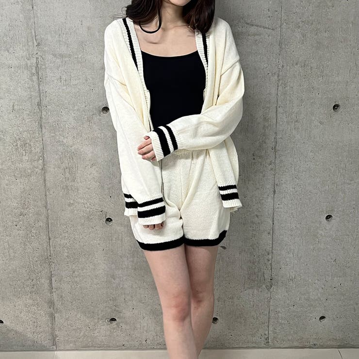 配色ライン入りニットカーディガン×ニットショートパンツ2点セット