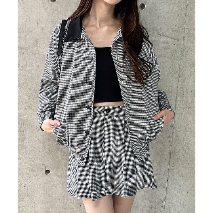千鳥柄オーバーサイズトップス×ミニスカート×インナーパンツ3点セット