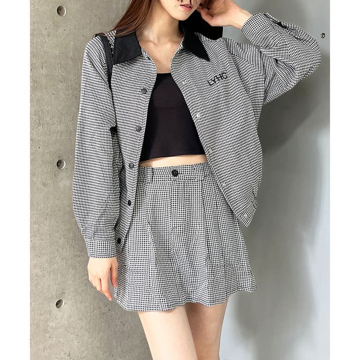 千鳥柄オーバーサイズトップス×ミニスカート×インナーパンツ3点セット
