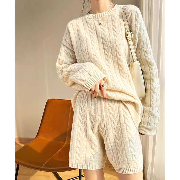 オフホワイト | ケーブルニット×ショートパンツ2点セット | me Jane