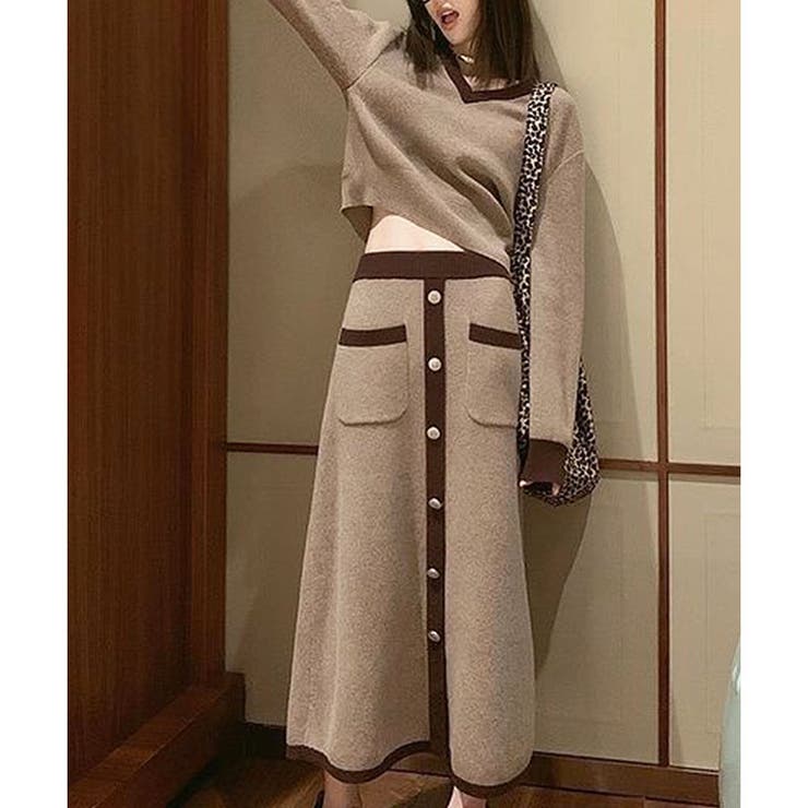 ブラウン | 配色ニットトップス×ロングスカート 2点セット | me Jane