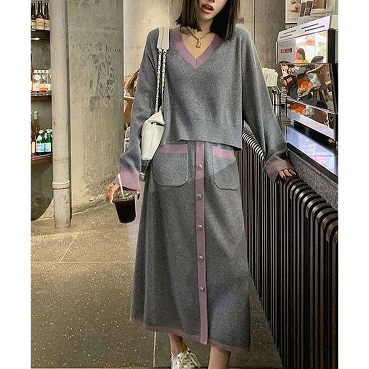 配色ニットトップス×ロングスカート 2点セット | me Jane | 詳細画像2 