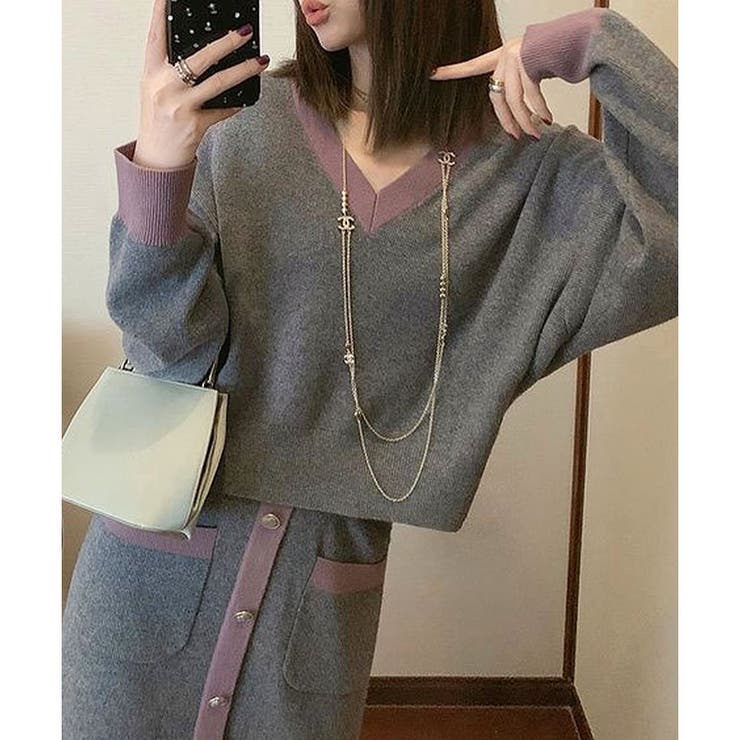 配色ニットトップス×ロングスカート 2点セット | me Jane | 詳細画像3 