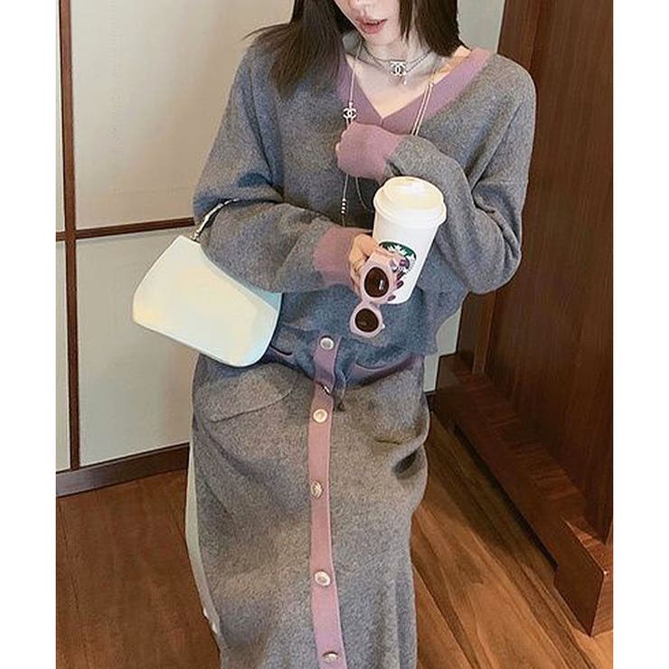 グレー | 配色ニットトップス×ロングスカート 2点セット | me Jane