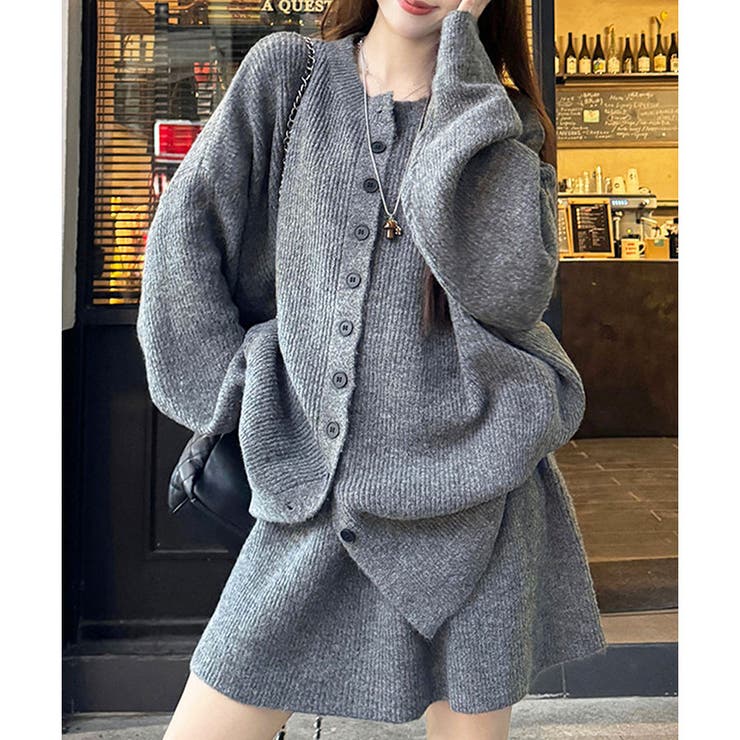 グレー | ニットカーディガン×スカート 2点セット | me Jane