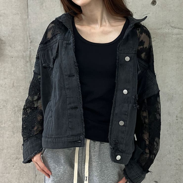 み*。様 monepine／レースドッキングデザインデニムジャケット monepine レースドッキングデザインデニムパンツ インディゴ