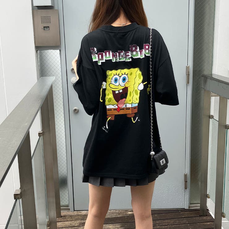 スポンジボブコラボ　長袖カットソー ブラック スポンジボブBIGTシャツ 春 韓国トップス[品番：MJNW0002676]｜me Jane