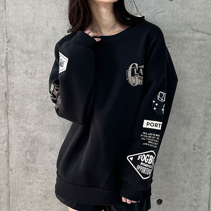 裏起毛袖ワッペンバックプリントトレーナー[品番：MJNW0002981]｜me