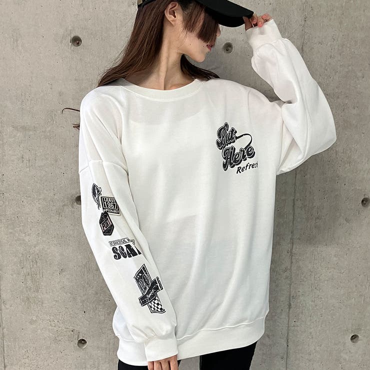 【STONE 】ホワイト トレーナー ロンT ワッペン サイズM 袖ワッペン＆ロゴプリントオーバーサイズトレーナー[品番：MJNW0003372