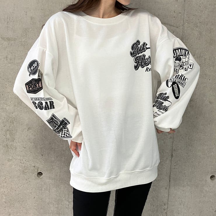 袖ワッペン＆ロゴプリントオーバーサイズトレーナー[品番：MJNW0003372