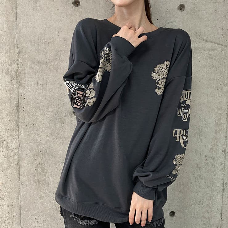 袖ワッペン＆ロゴプリントオーバーサイズトレーナー[品番：MJNW0003372