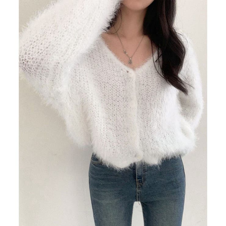 ホワイト | Vネックシャギーニットカーディガン | me Jane