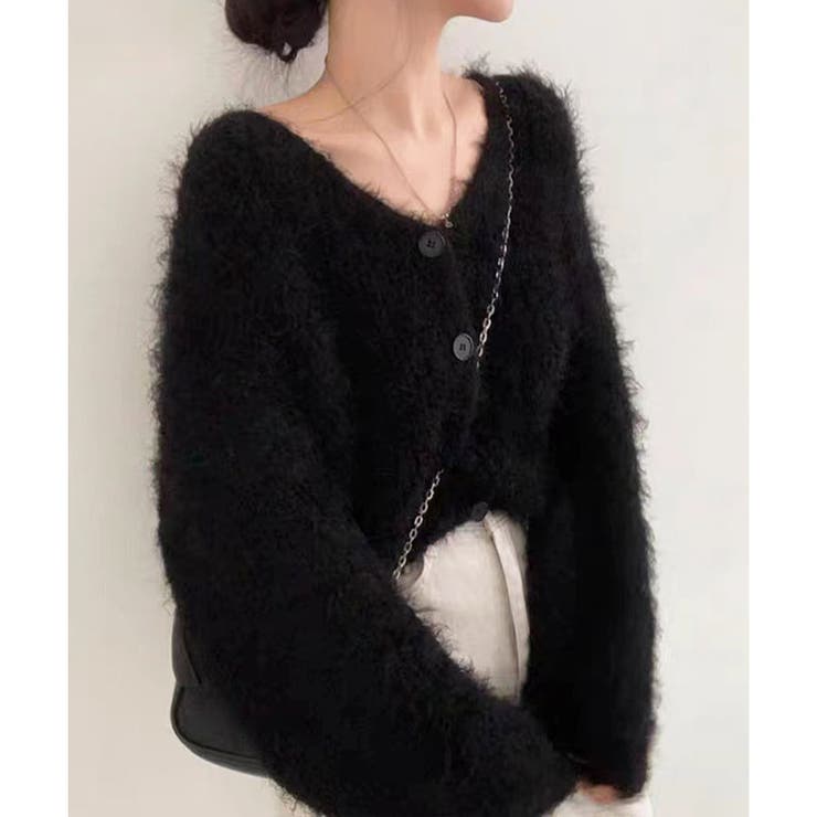 ブラック | Vネックシャギーニットカーディガン | me Jane