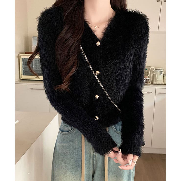 シャギーVネックショート丈ニットカーディガン[品番：MJNW0003447]｜me