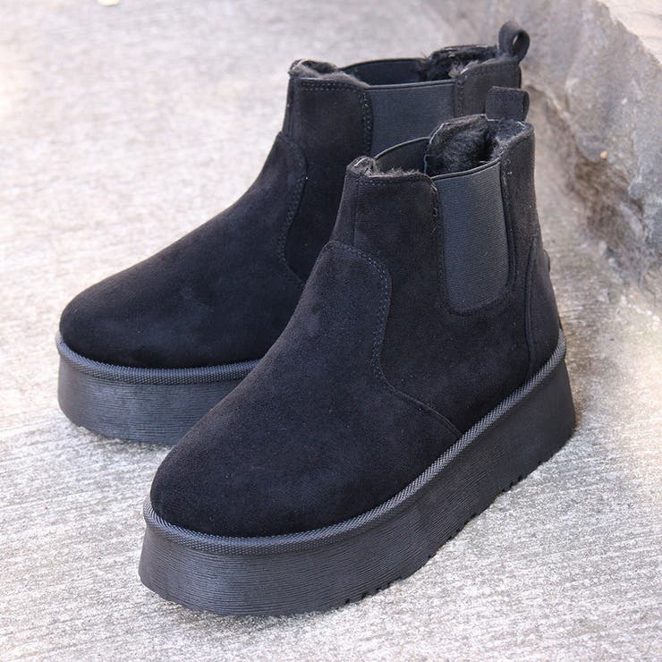 ブラック | 4cmソール ボア 裏起毛 厚底サイドゴアファーブーツ ☆6364 | LibertyDoll