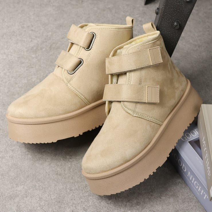 ベージュ | 4cmソール ボア 裏起毛 厚底ベルトファーブーツ ☆6365 | LibertyDoll