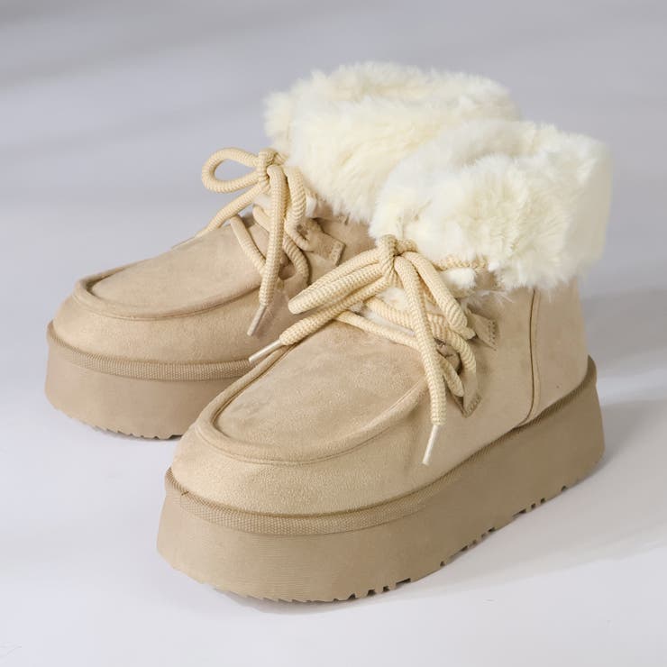 ベージュ | 4.5cmヒール 厚底折り返しファーレースアップブーツ ☆6415 | LibertyDoll