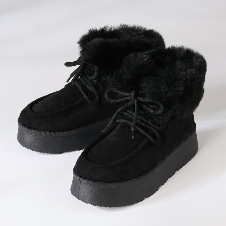 ブラック | 4.5cmヒール 厚底折り返しファーレースアップブーツ ☆6415 | LibertyDoll