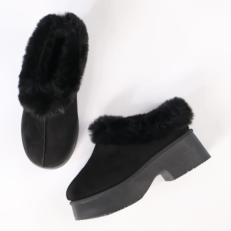 ブラック | 6cmヒール 裏起毛 ボア ファー 厚底ムートンスリッポン ☆6420 | LibertyDoll
