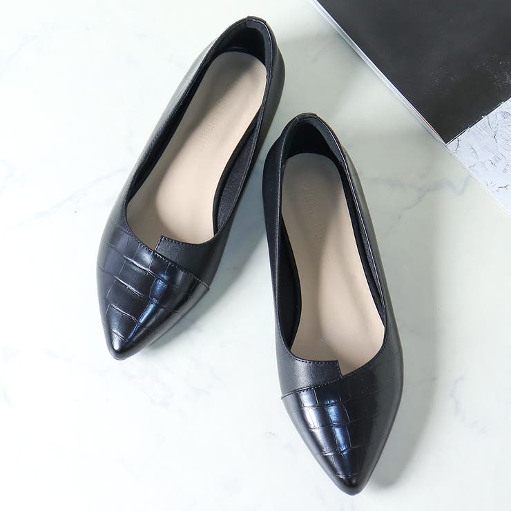 ブラッククロコPU | バイカラー切替フラットパンプス154-1182 | LibertyDoll