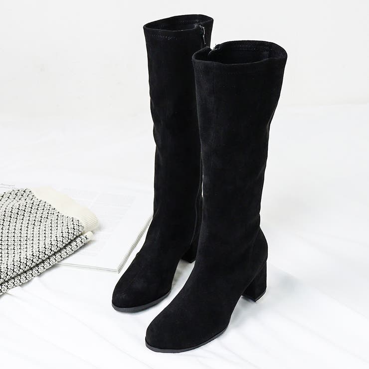 ブラックスエード | 6.5cmヒールラウンドトゥストレッチロングブーツ☆9104 | LibertyDoll