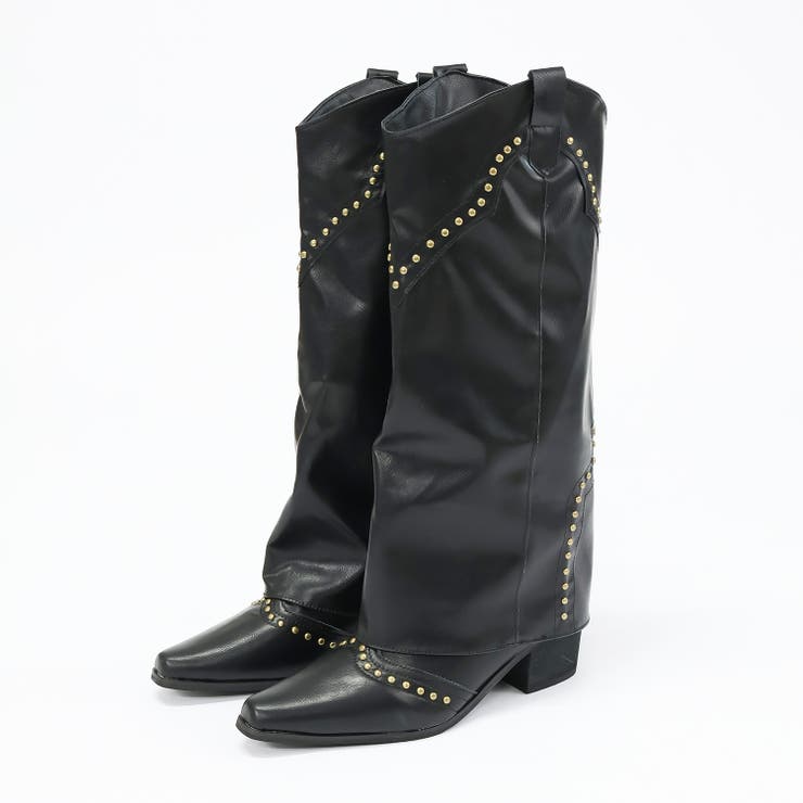 ブラック | 5.5cmヒール スタッズウエスタンカバーロングブーツ ☆9162 | LibertyDoll
