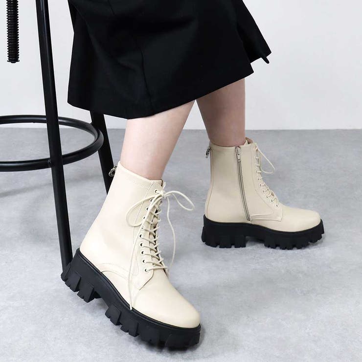 レースレディース Lace Ladies レザー調厚底レースアップショートブーツ （ホワイト） -ファッション通販 FASHION WALKER