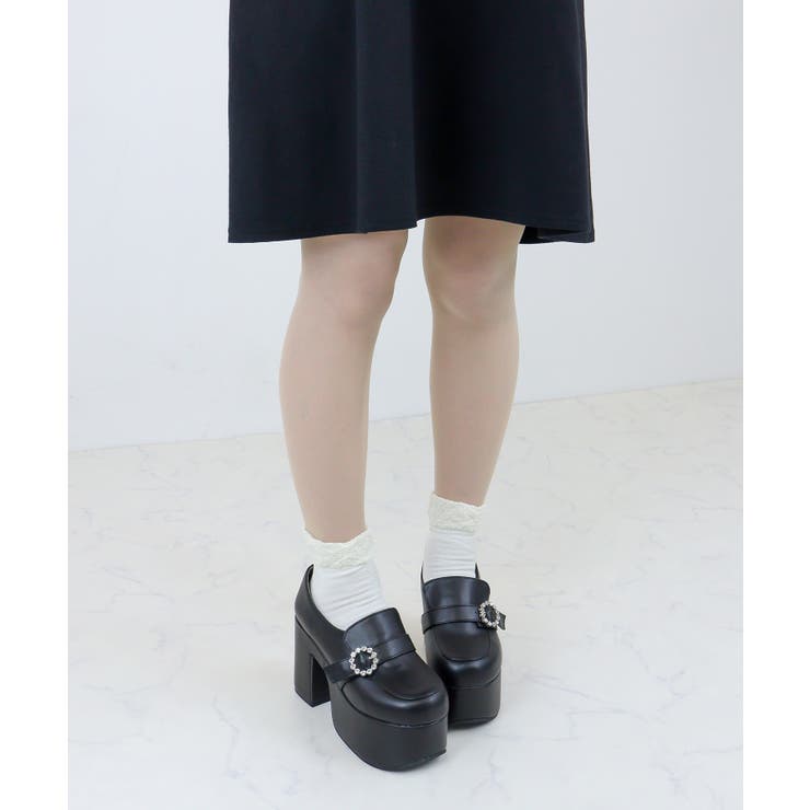 ブラック | 厚底ビジューバックルローファー155-1595 | LibertyDoll