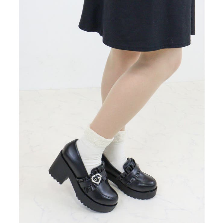 ブラック | 厚底ハートバックルフリルローファー155-1608 | LibertyDoll