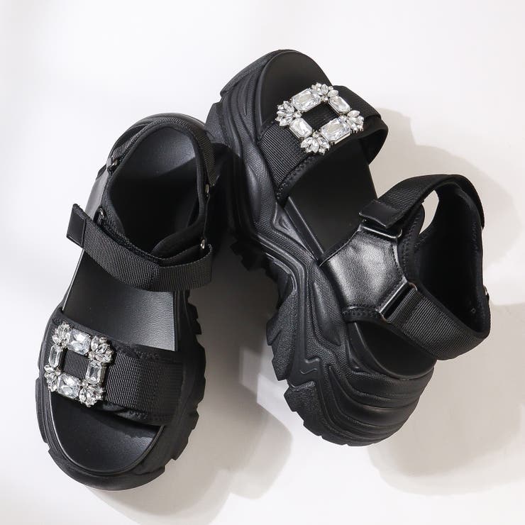 ブラック | ビジューバックル厚底スポーツサンダル155-1683 | LibertyDoll