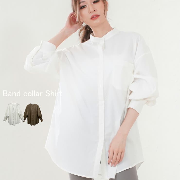 バンドカラーシャツ 長袖シャツ 白シャツ[品番：MIDW0001236