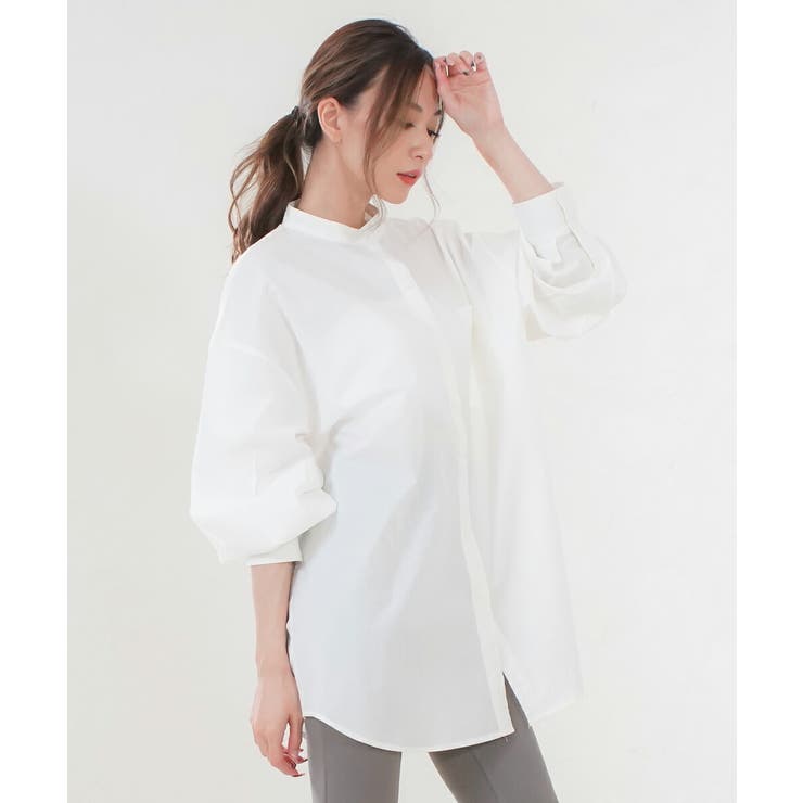 バンドカラーシャツ 長袖シャツ 白シャツ[品番：MIDW0001236