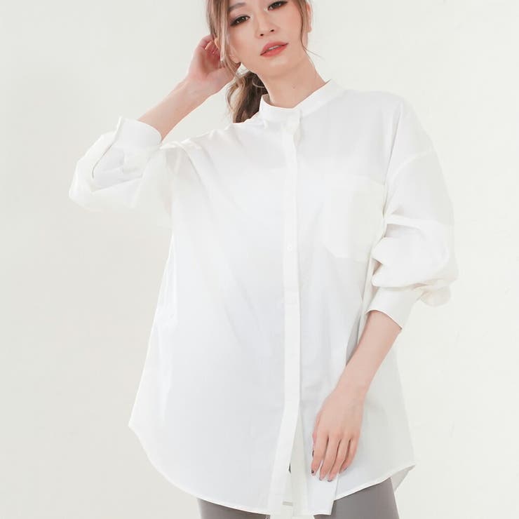 バンドカラーシャツ 長袖シャツ 白シャツ[品番：MIDW0001236]｜MiiDUE