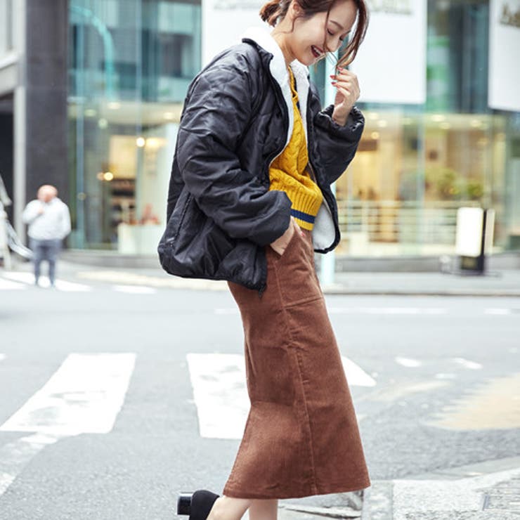 コーデュロイ スカート タイト パッチポケット付きスカート ロング