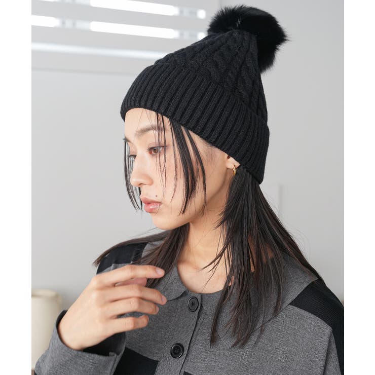 ブラック | ファー取り外しケーブルニットキャップ ニット帽 ラビットファー | mili an deni