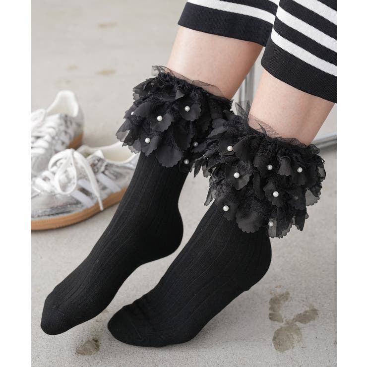 ブラック | パール付きフリルソックス リブソックス パール | mili an deni