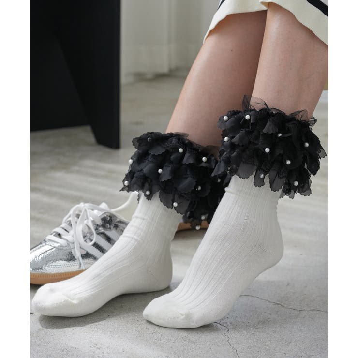 アイボリー | パール付きフリルソックス リブソックス パール | mili an deni