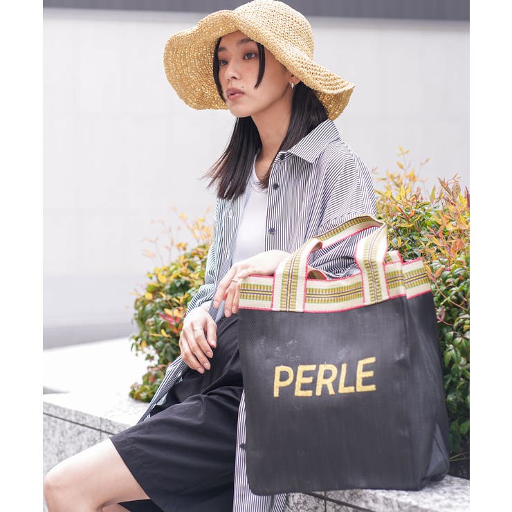 ブラック | スクウェア刺繍ロゴビニールトート トートバッグ マルチストライプハンドル | mili an deni