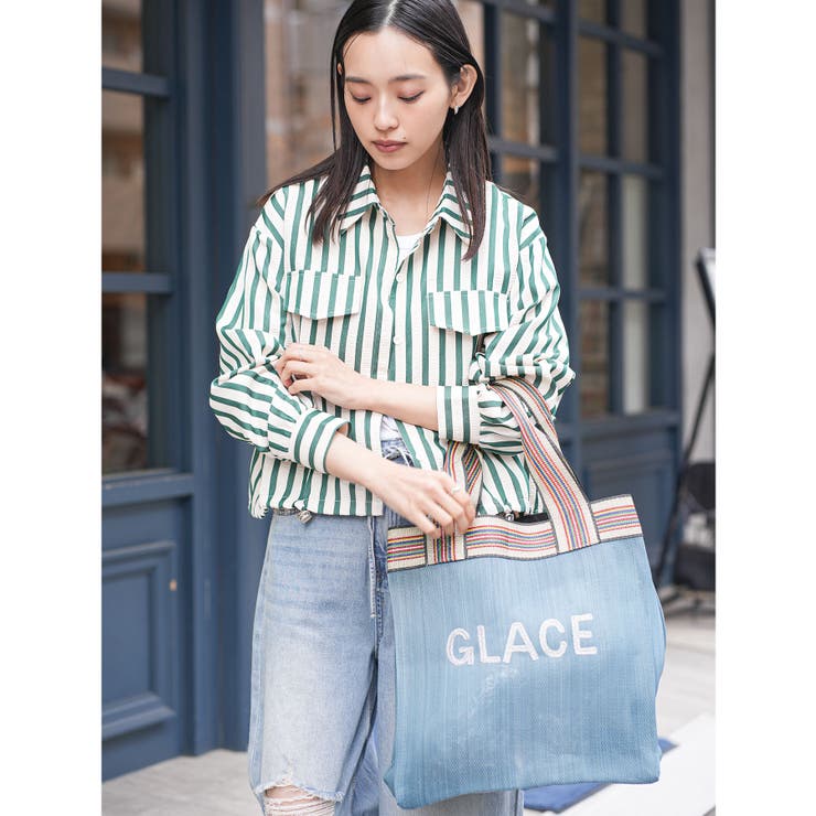 ブルー | スクウェア刺繍ロゴビニールトート トートバッグ マルチストライプハンドル | mili an deni