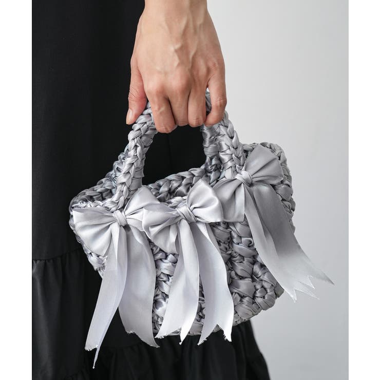 シルバー | リボン編みバッグ サテンリボン ミニバッグ | mili an deni